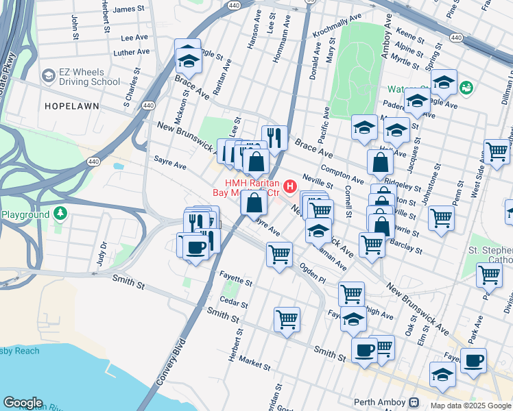 map of restaurants, bars, coffee shops, grocery stores, and more near 546 Sayre Avenue in Perth Amboy