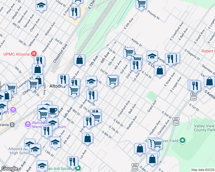 map of restaurants, bars, coffee shops, grocery stores, and more near 407 3rd Avenue in Altoona