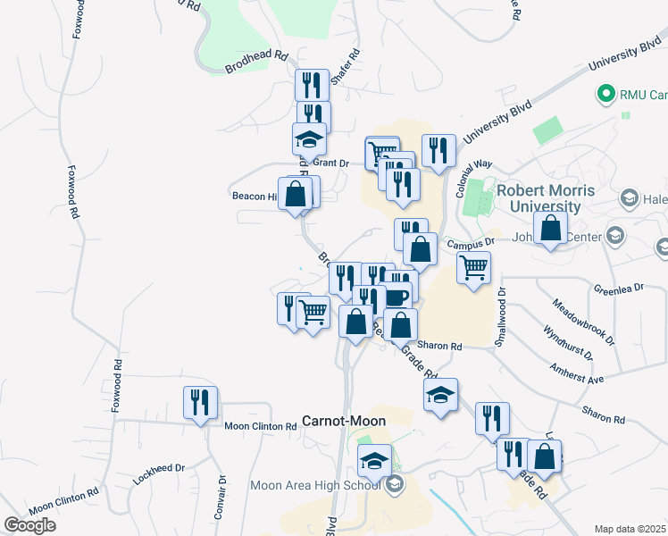 map of restaurants, bars, coffee shops, grocery stores, and more near 935 Brodhead Road in Coraopolis