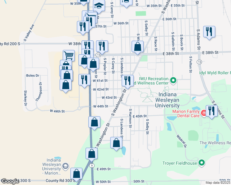 map of restaurants, bars, coffee shops, grocery stores, and more near 4302 S Washington St in Marion