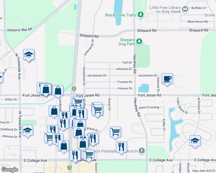 map of restaurants, bars, coffee shops, grocery stores, and more near 1802 Fort Jesse Road in Normal