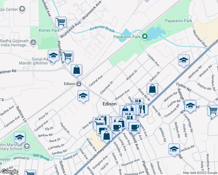 map of restaurants, bars, coffee shops, grocery stores, and more near 154 Hillcrest Avenue in Edison