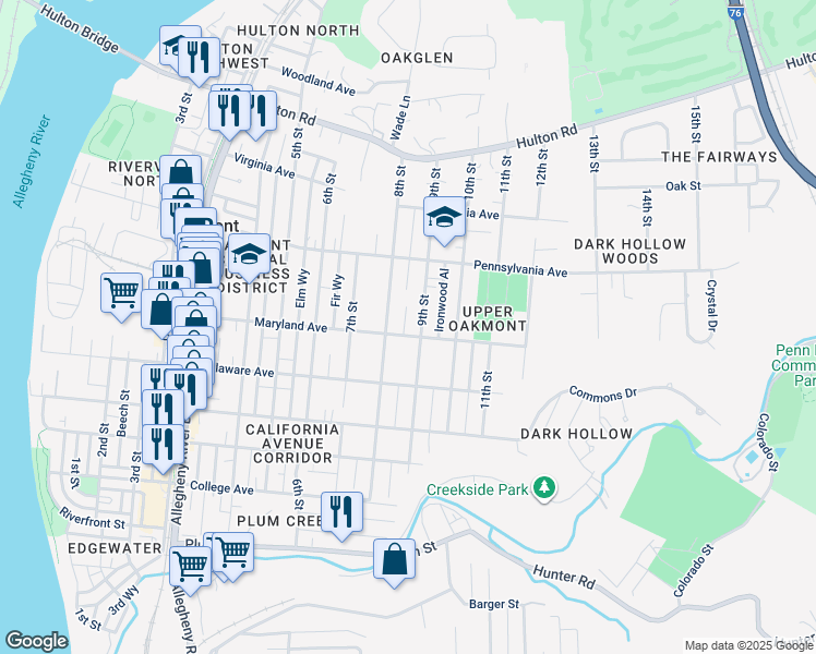 map of restaurants, bars, coffee shops, grocery stores, and more near in Oakmont