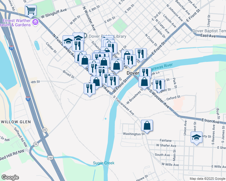 map of restaurants, bars, coffee shops, grocery stores, and more near 207 West 2nd Street in Dover