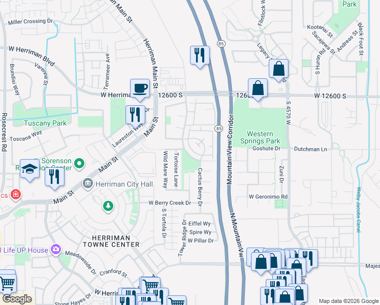 map of restaurants, bars, coffee shops, grocery stores, and more near 12804 Timber Run Drive in Riverton