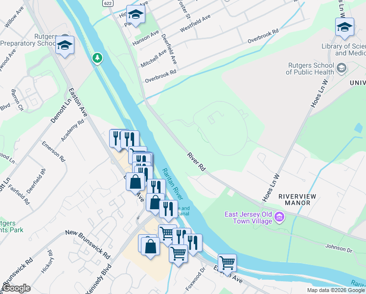 map of restaurants, bars, coffee shops, grocery stores, and more near River Road in Piscataway Township