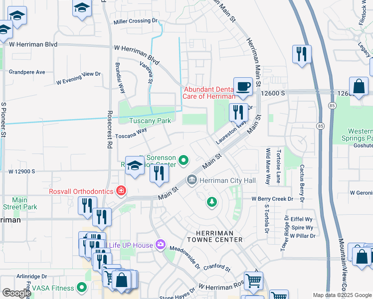 map of restaurants, bars, coffee shops, grocery stores, and more near 12838 Fairholme Circle in Herriman