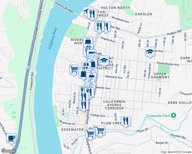 map of restaurants, bars, coffee shops, grocery stores, and more near 360 Maryland Avenue in Oakmont