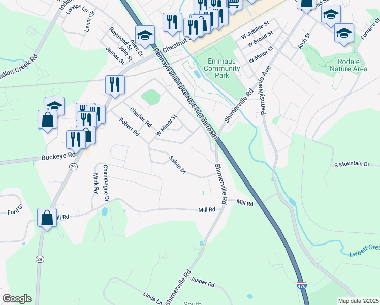 map of restaurants, bars, coffee shops, grocery stores, and more near 1721 West Wood Street in Emmaus