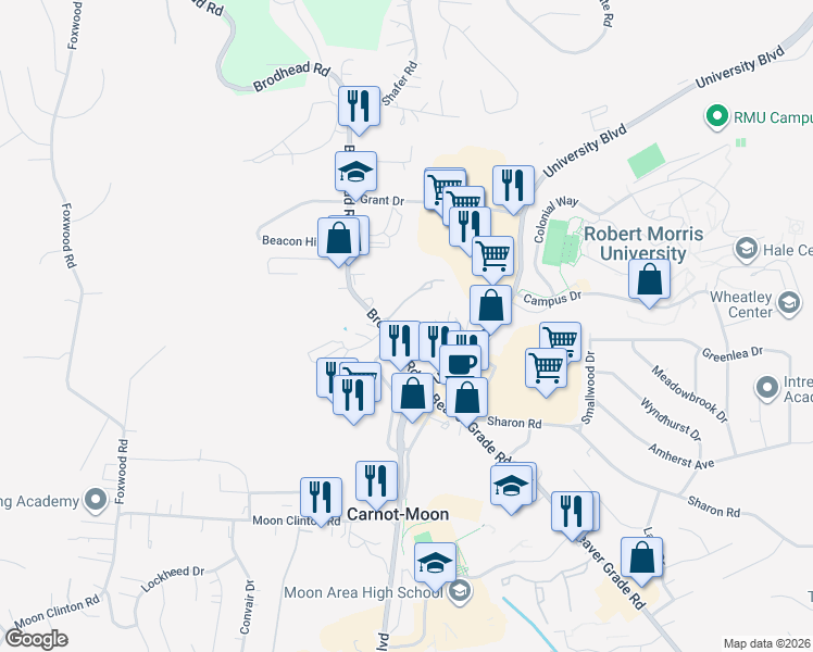 map of restaurants, bars, coffee shops, grocery stores, and more near 430 College Park Drive in Coraopolis
