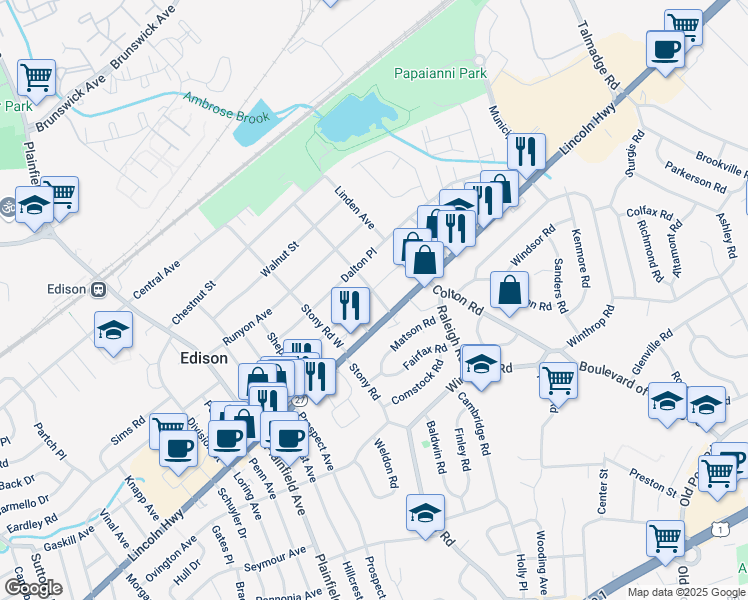 map of restaurants, bars, coffee shops, grocery stores, and more near 55 Lahiere Avenue in Edison