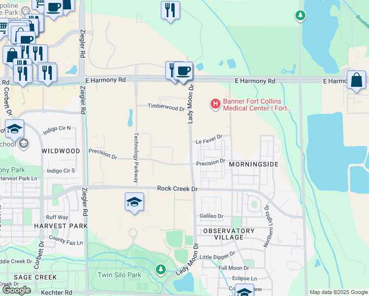 map of restaurants, bars, coffee shops, grocery stores, and more near 4750 Technology Parkway in Fort Collins