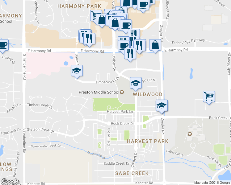 map of restaurants, bars, coffee shops, grocery stores, and more near 2515 Timberwood Drive in Fort Collins