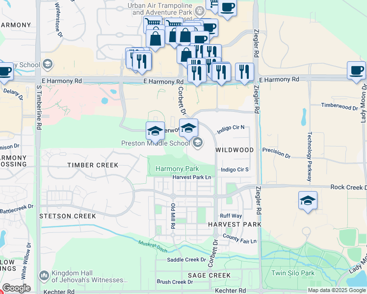map of restaurants, bars, coffee shops, grocery stores, and more near 2515 Timberwood Drive in Fort Collins