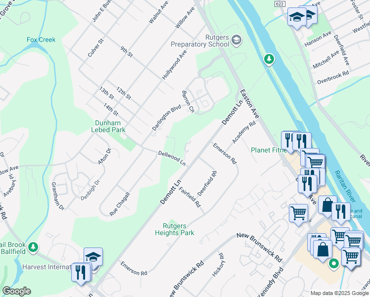 map of restaurants, bars, coffee shops, grocery stores, and more near 5 Dellwood Lane in Franklin Township