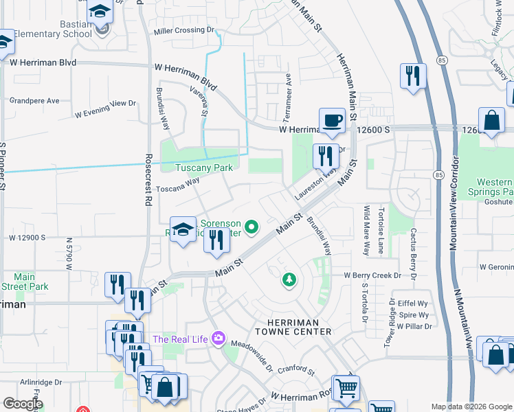map of restaurants, bars, coffee shops, grocery stores, and more near 12806 Fairholme Circle in Herriman