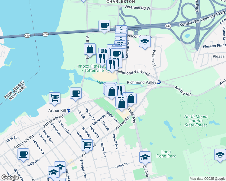 map of restaurants, bars, coffee shops, grocery stores, and more near 168 Page Avenue in Staten Island