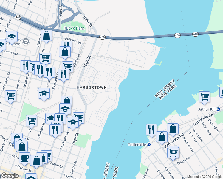 map of restaurants, bars, coffee shops, grocery stores, and more near 600 Harbortown Boulevard in Perth Amboy