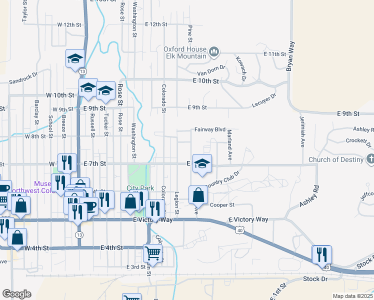 map of restaurants, bars, coffee shops, grocery stores, and more near 985 East 8th Street in Craig