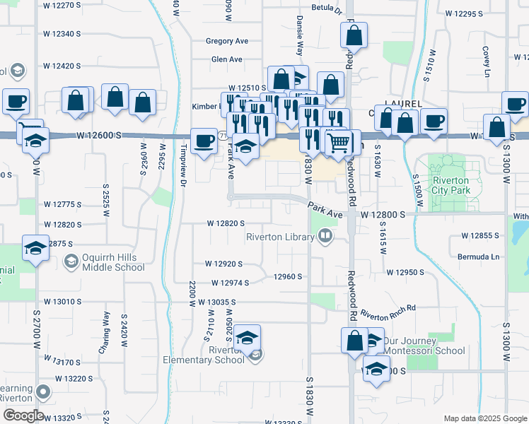 map of restaurants, bars, coffee shops, grocery stores, and more near 12767 Park Rim Court in Riverton