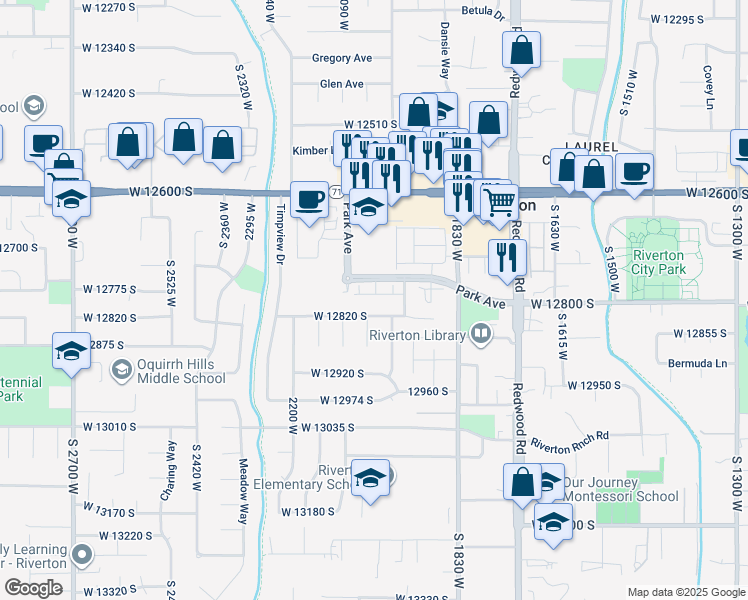 map of restaurants, bars, coffee shops, grocery stores, and more near 12770 Village Creek Drive in Riverton