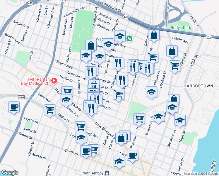 map of restaurants, bars, coffee shops, grocery stores, and more near 584 Johnstone Street in Perth Amboy