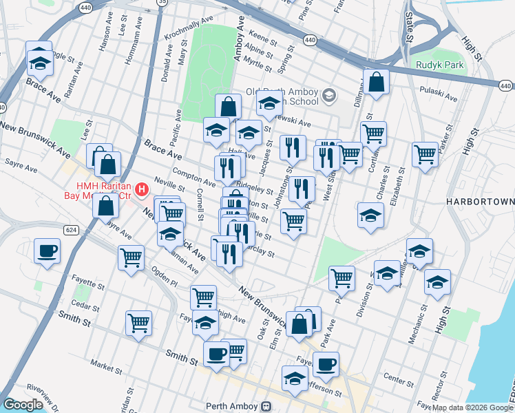 map of restaurants, bars, coffee shops, grocery stores, and more near 566 Jacques Street in Perth Amboy