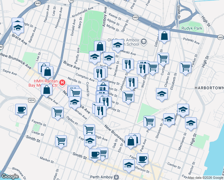 map of restaurants, bars, coffee shops, grocery stores, and more near 566 Jacques Street in Perth Amboy