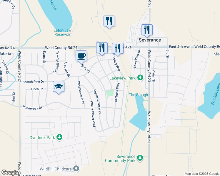 map of restaurants, bars, coffee shops, grocery stores, and more near 904 Foxtail Court in Severance