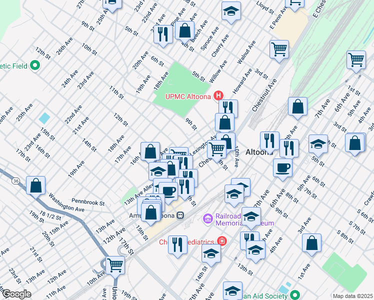 map of restaurants, bars, coffee shops, grocery stores, and more near in Altoona