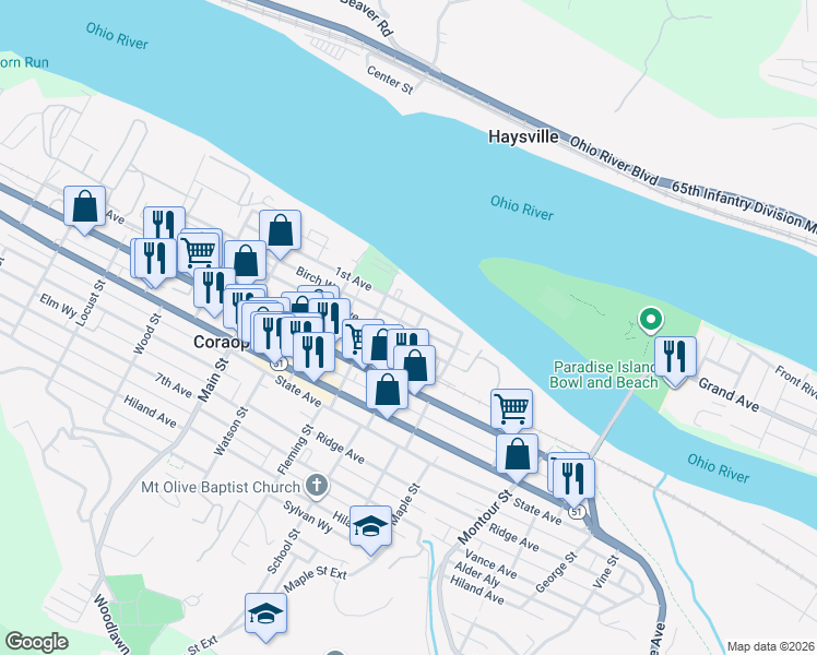 map of restaurants, bars, coffee shops, grocery stores, and more near 1132 1st Avenue in Coraopolis