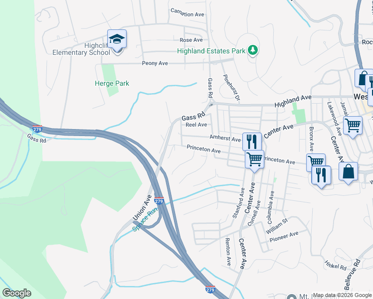 map of restaurants, bars, coffee shops, grocery stores, and more near 121 Amherst Avenue in Pittsburgh