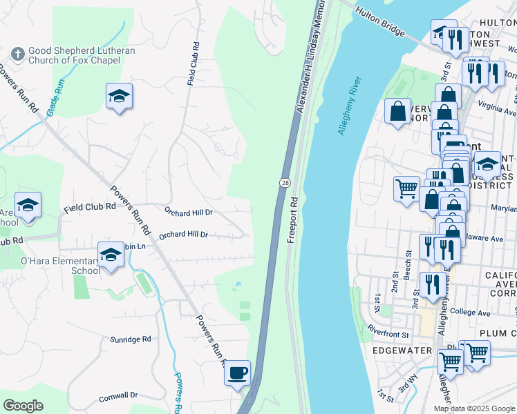 map of restaurants, bars, coffee shops, grocery stores, and more near 309 Field Club Ridge Road in Pittsburgh