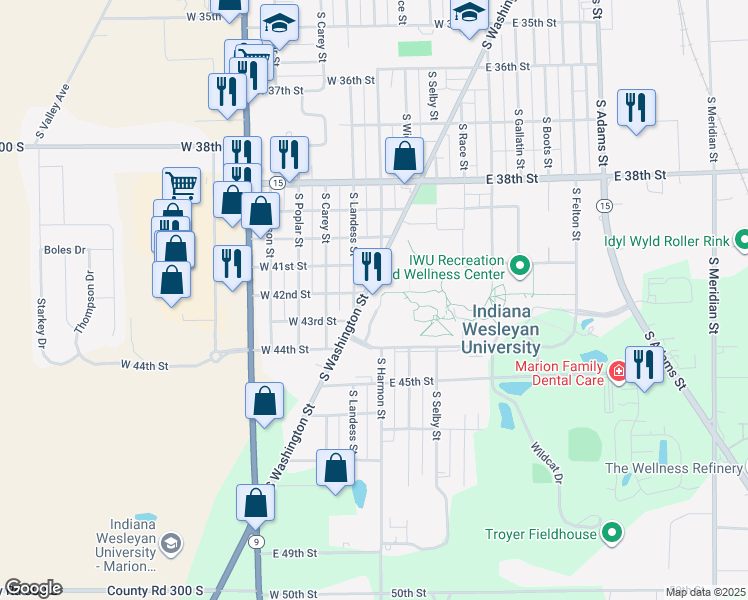 map of restaurants, bars, coffee shops, grocery stores, and more near 4101 South Washington Street in Marion