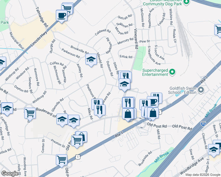 map of restaurants, bars, coffee shops, grocery stores, and more near 39 Crescent Road in Edison