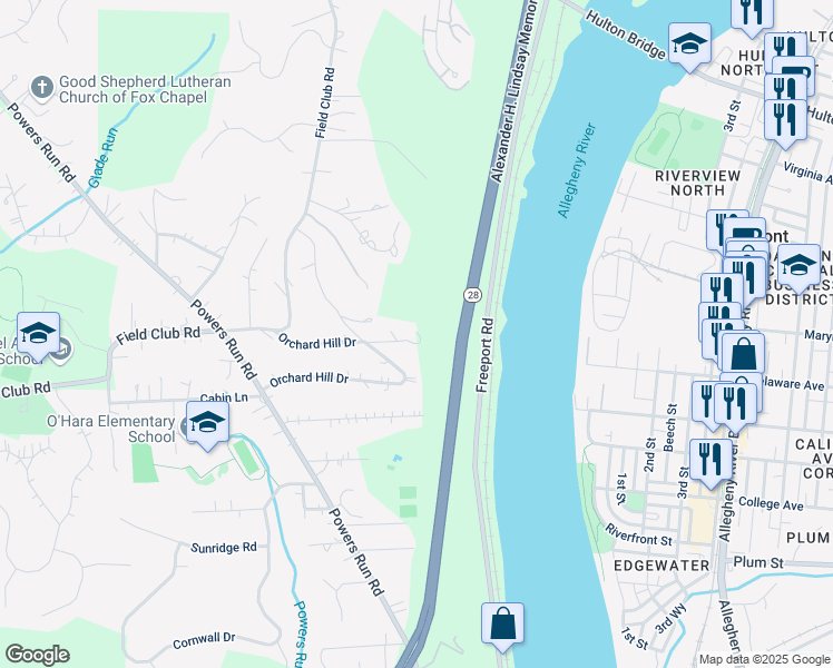 map of restaurants, bars, coffee shops, grocery stores, and more near 309 Field Club Ridge Road in Pittsburgh