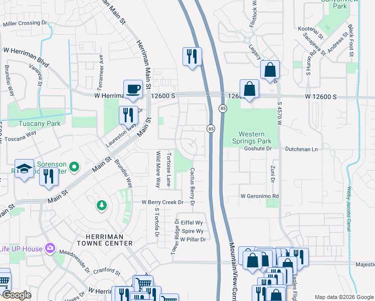 map of restaurants, bars, coffee shops, grocery stores, and more near 12801 South Timber Run Drive in Riverton