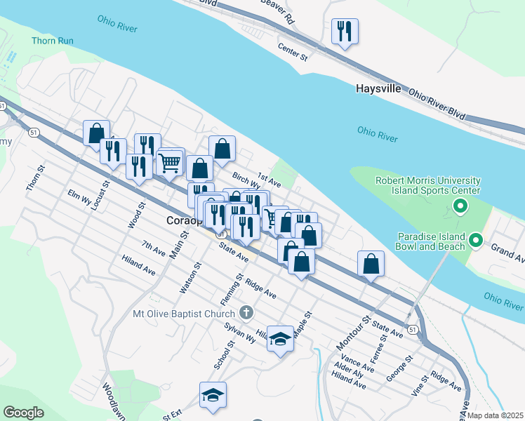 map of restaurants, bars, coffee shops, grocery stores, and more near 1015 3rd Avenue in Coraopolis