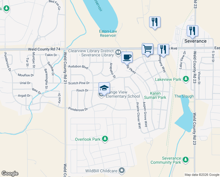 map of restaurants, bars, coffee shops, grocery stores, and more near 616 Scotch Pine Drive in Severance