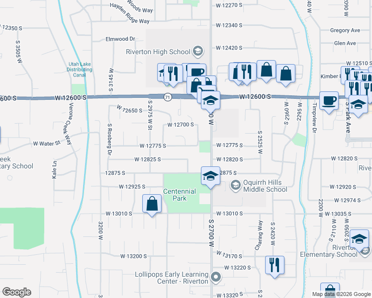 map of restaurants, bars, coffee shops, grocery stores, and more near 2841 Lastrada Circle in Riverton