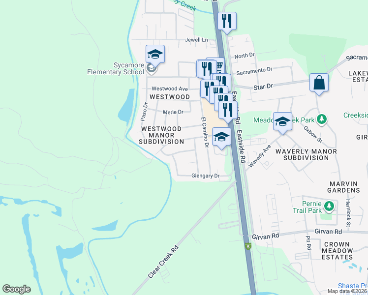 map of restaurants, bars, coffee shops, grocery stores, and more near 2040 Meadowbrook Drive in Redding
