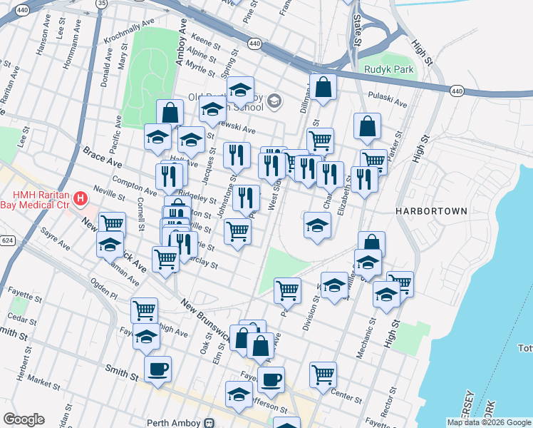 map of restaurants, bars, coffee shops, grocery stores, and more near 595 West Side Avenue in Perth Amboy