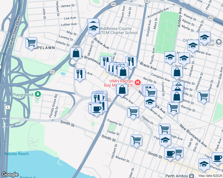 map of restaurants, bars, coffee shops, grocery stores, and more near 449 Stevenson Place in Perth Amboy