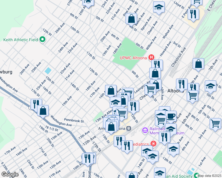 map of restaurants, bars, coffee shops, grocery stores, and more near 1113 16th Avenue in Altoona