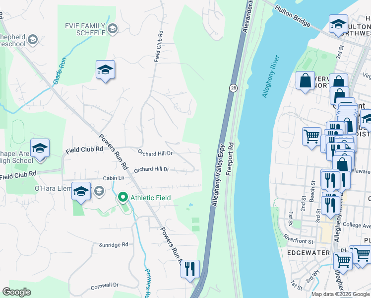 map of restaurants, bars, coffee shops, grocery stores, and more near 300 Field Club Ridge Road in Pittsburgh