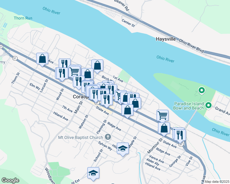map of restaurants, bars, coffee shops, grocery stores, and more near 122 Mill Street in Coraopolis