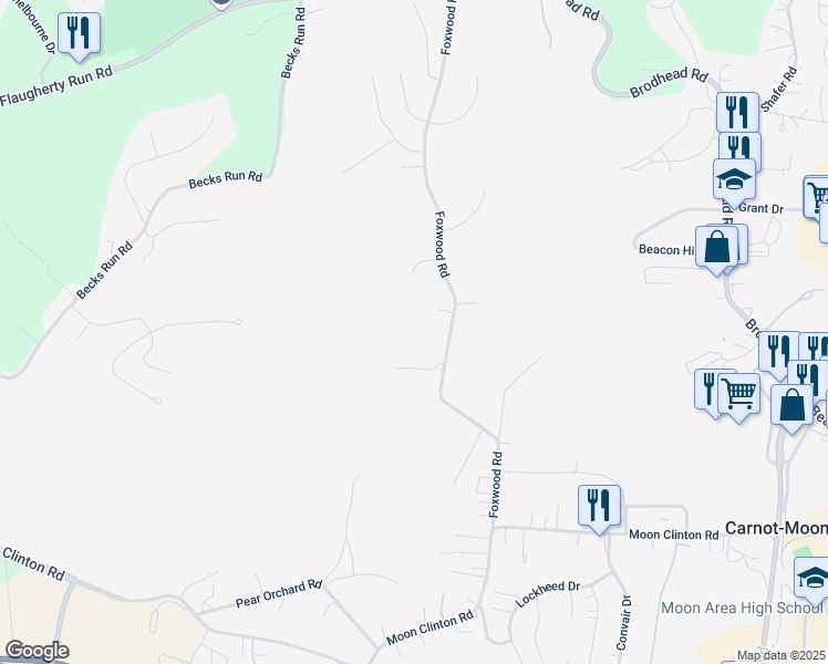 map of restaurants, bars, coffee shops, grocery stores, and more near 202 Foxwood Road in Coraopolis