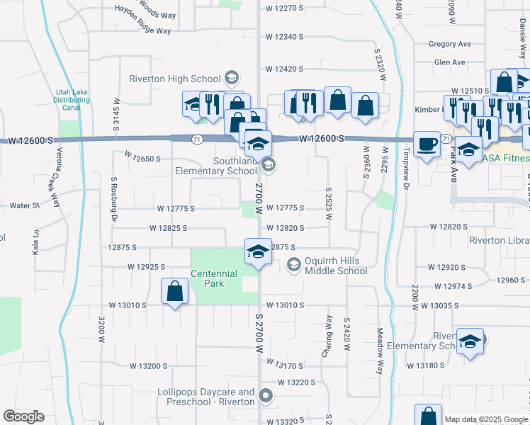 map of restaurants, bars, coffee shops, grocery stores, and more near 2687 Dry Creek Drive in Riverton