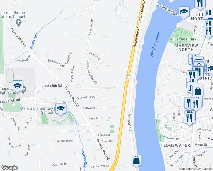 map of restaurants, bars, coffee shops, grocery stores, and more near 300 Field Club Ridge Road in Pittsburgh
