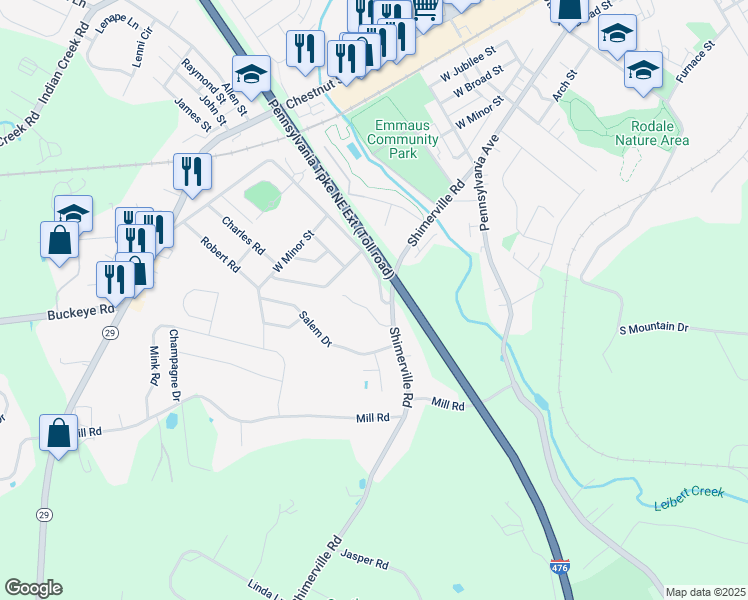 map of restaurants, bars, coffee shops, grocery stores, and more near 4261 David Drive in Emmaus